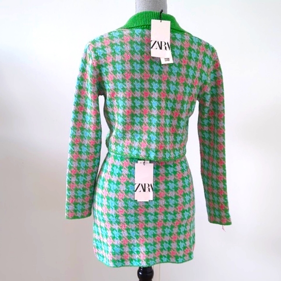 ZARA Houndstooth Knit Crop Cardigan & Skirt Set 2 pc S pink green mini skirt NEW - Picture 4 of 16